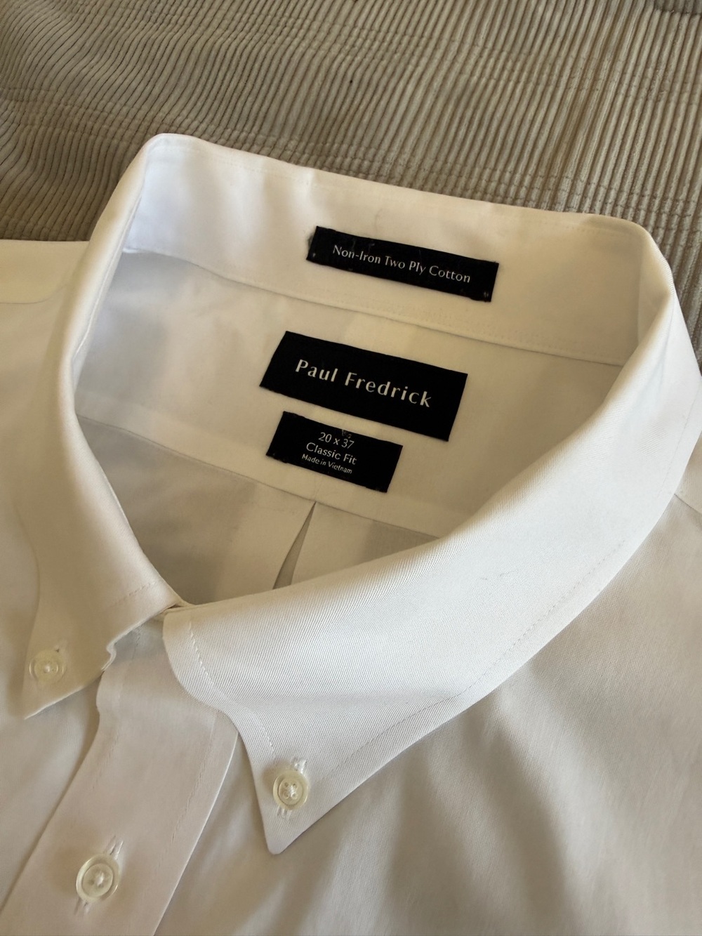 Paul Fredrick Men’s White Dress Shirt 20 x 37 Classic Fit No-Iron Two-Ply cotton